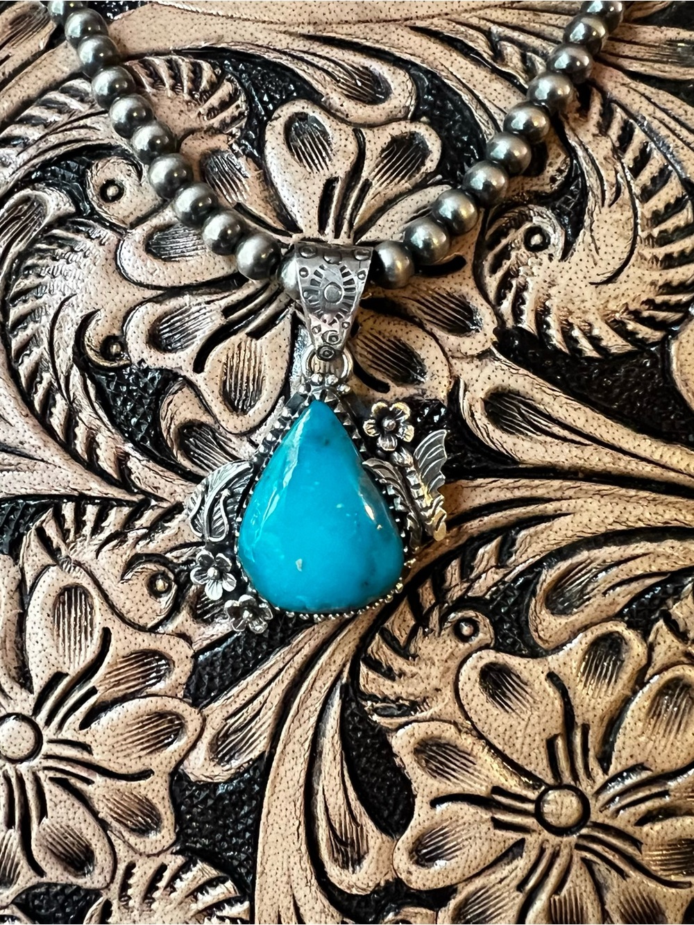 925 Sterling Silver Kingman Turquoise Teardrop Pendant Floral Southwest - Picture 7 of 12